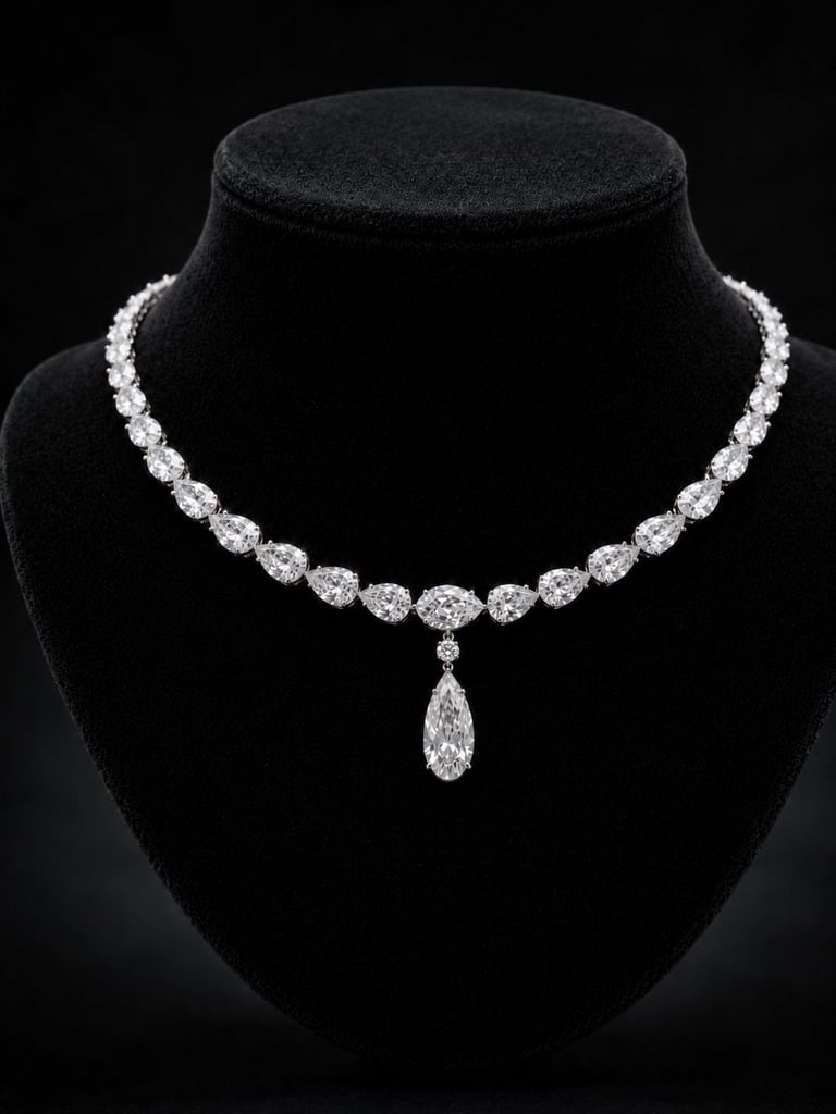 Silver diamond necklace with teardrop pendant displayed on black mannequin bust against dark background