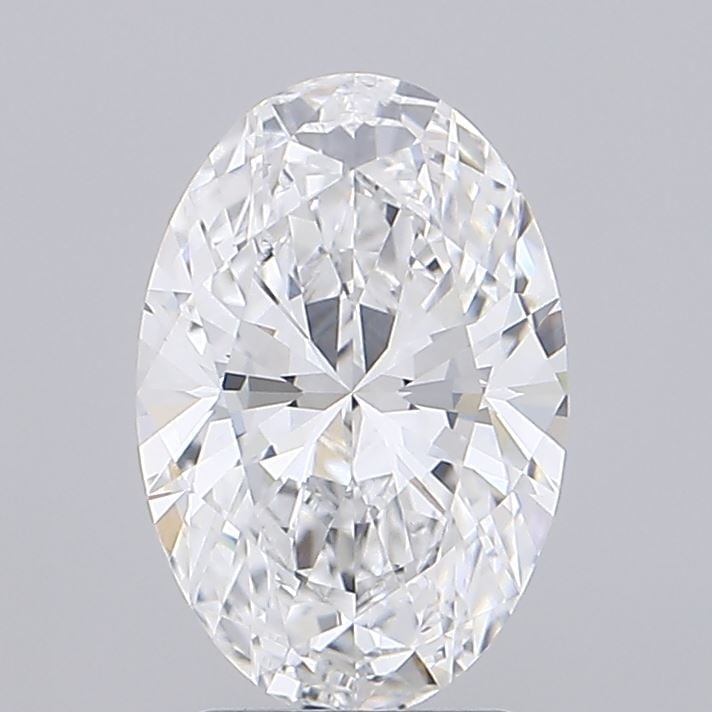 Oval-cut clear diamond with brilliant facets on neutral gray background