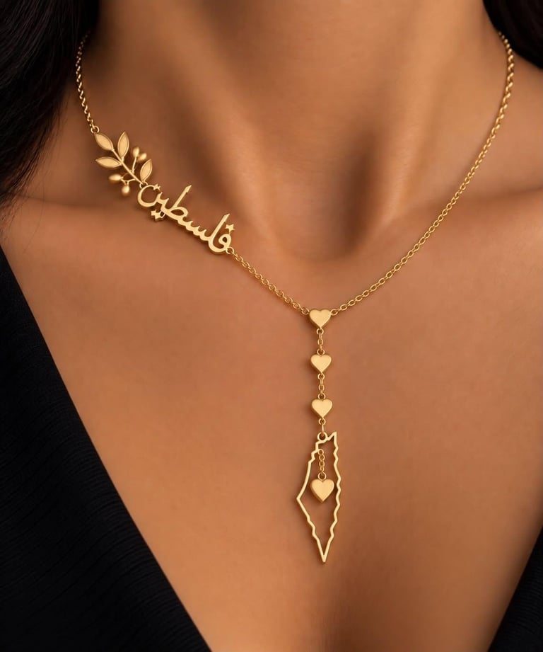 Woman wearing layered gold necklace with Arabic nameplate, chain links, and pendant with heart charm and geometric shape