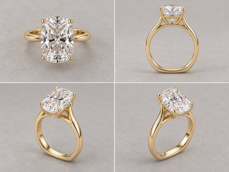 Four views of a yellow gold engagement ring with a large oval-cut diamond in different angles