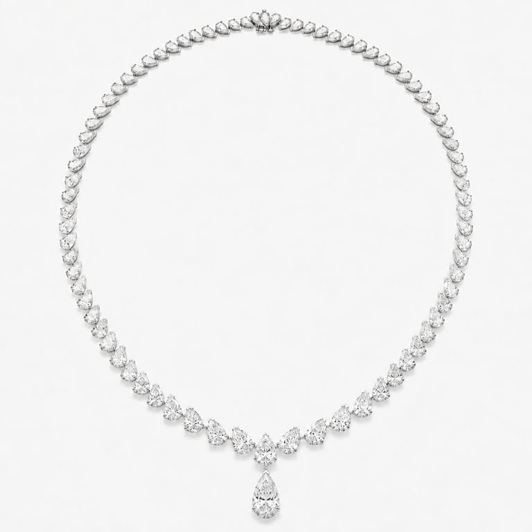 Elegant diamond tennis necklace with pear-shaped pendant on white background