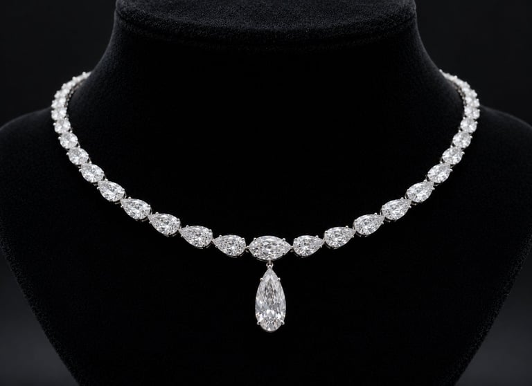 Elegant diamond necklace with round brilliant stones and a teardrop pendant displayed on a black velvet bust
