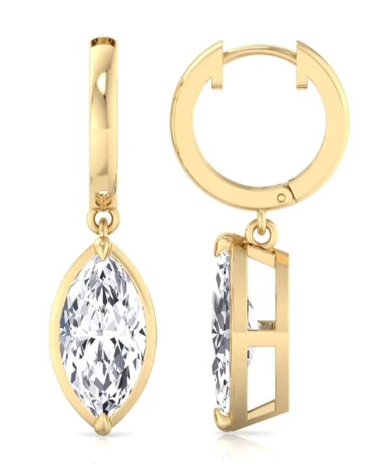 Gold hoop earrings with marquise-cut diamond pendants shown from front and side views