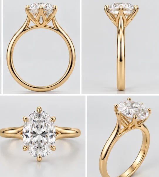 Four views of a gold engagement ring with an oval diamond solitaire setting shown from front, back, and side angles