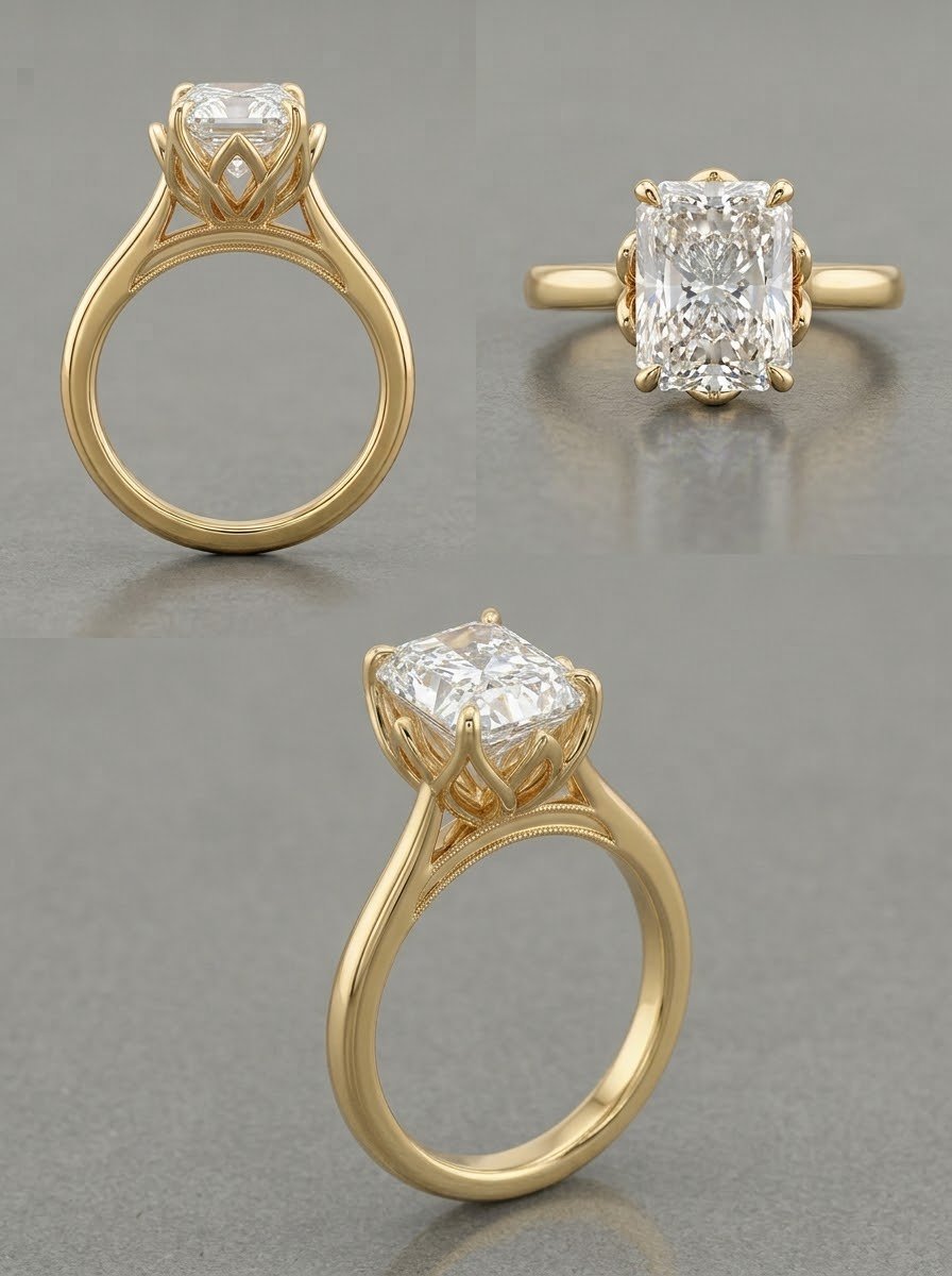 Three views of gold engagement rings featuring large rectangular and cushion-cut diamond stones in ornate gold settings