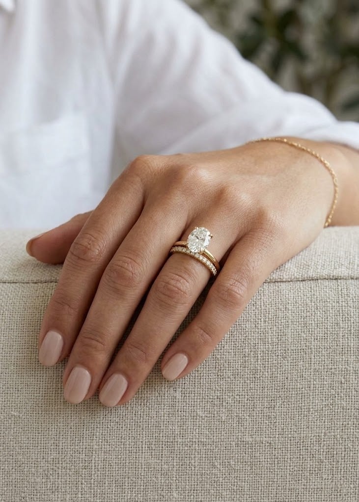 Close-up of a hand wearing a diamond engagement ring and wedding band with natural nails on beige fabric