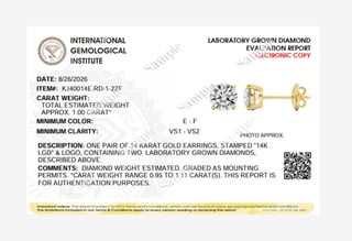 Sample IGI report for 14K yellow gold round lab-grown diamond stud earrings, 1 ct total weight per pair