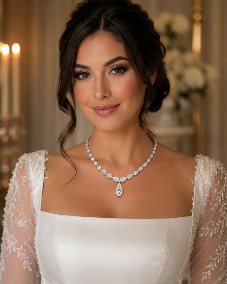 Woman in formal white gown with beaded shawl wearing crystal diamond necklace and upswept dark hair