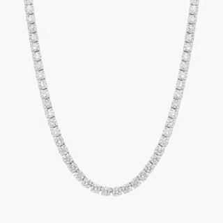 Silver tennis necklace with square diamond settings displayed on white background