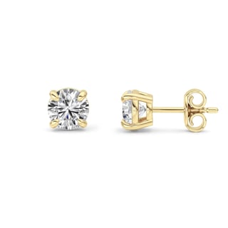 Pair of 14K yellow gold round diamond stud earrings, 1 ct total weight, front, side, and back views