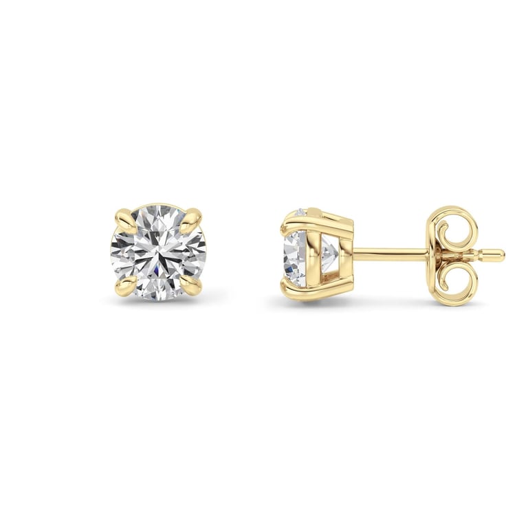 Pair of 14K yellow gold round diamond stud earrings, 1 ct total weight, front, side, and back views