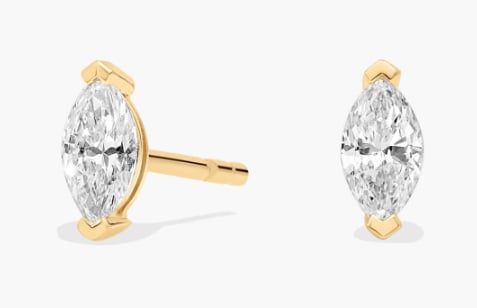 Pair of marquise-cut diamond stud earrings in yellow gold, shown from front and side angles