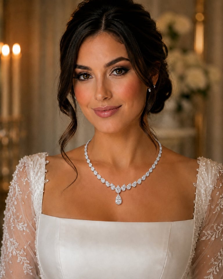 Woman in elegant white wedding dress with beaded lace sleeves and diamond necklace, formal portrait with warm lighting