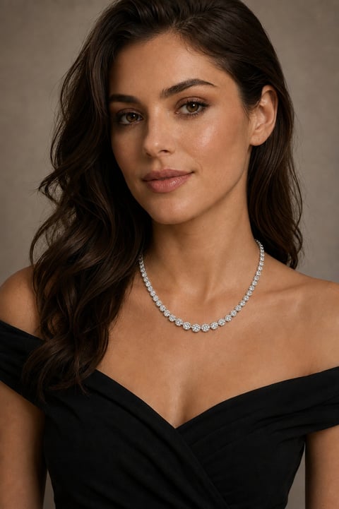 Woman wearing black off-shoulder dress and diamond necklace against neutral background