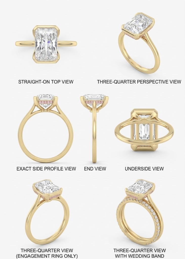Multiple views of a gold rectangular diamond solitaire engagement ring showing top, side, end, underside, and three-quarter perspectives