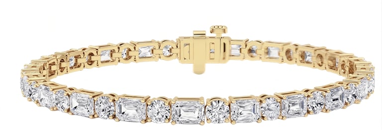 Gold tennis bracelet with rectangular and round white diamond settings