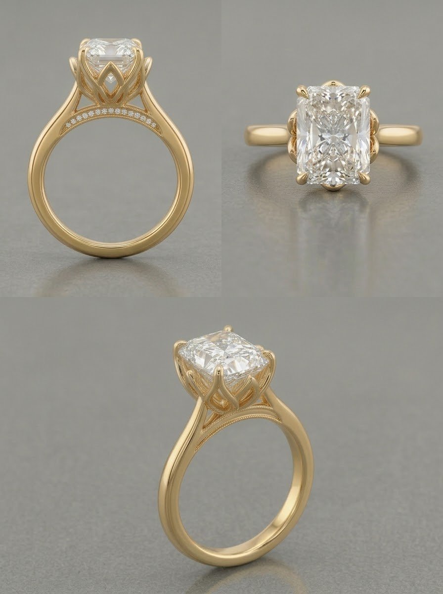 Three views of a gold engagement ring with a rectangular diamond stone shown from different angles