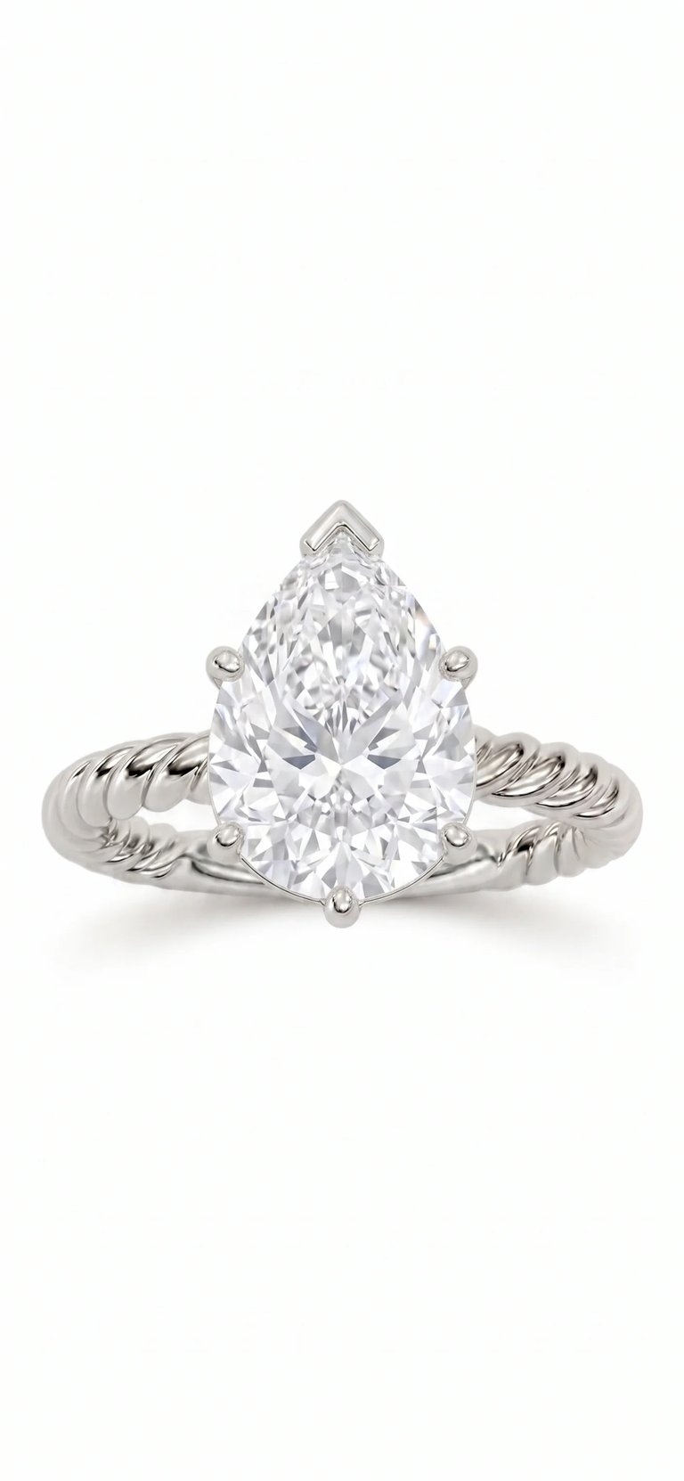 Silver engagement ring with pear-shaped diamond and twisted band on white background