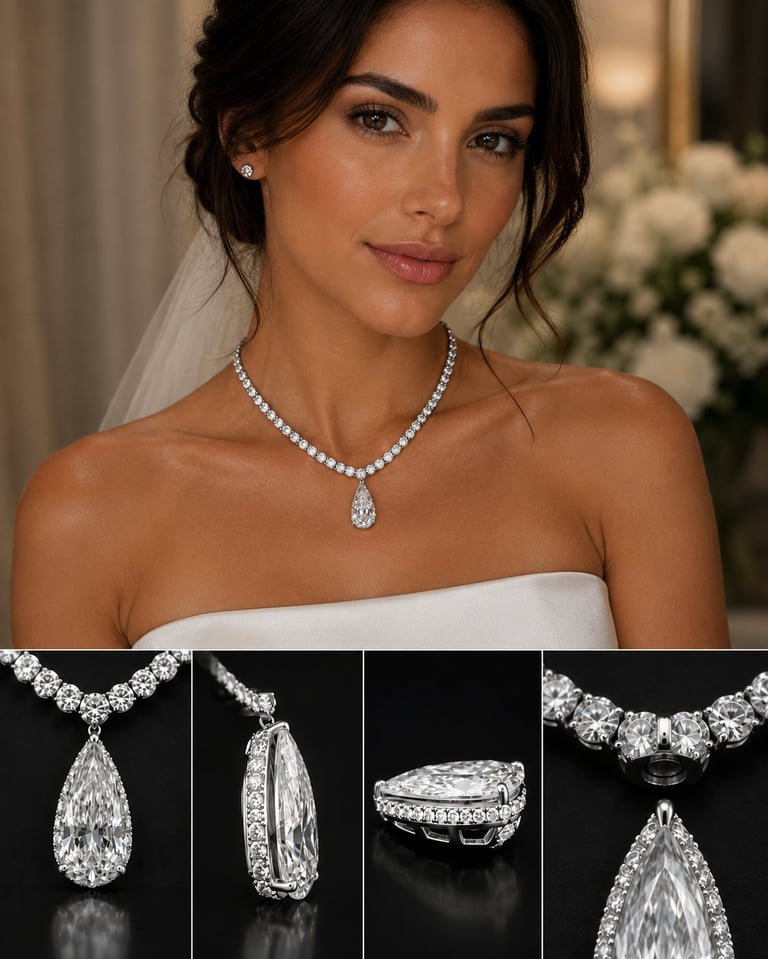 Bride wearing white strapless dress and diamond necklace with teardrop pendant, shown with jewelry detail photos below