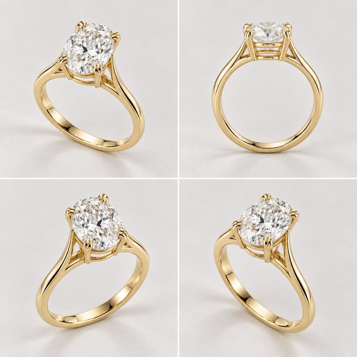 Four views of a gold solitaire engagement ring with an oval-cut diamond from different angles