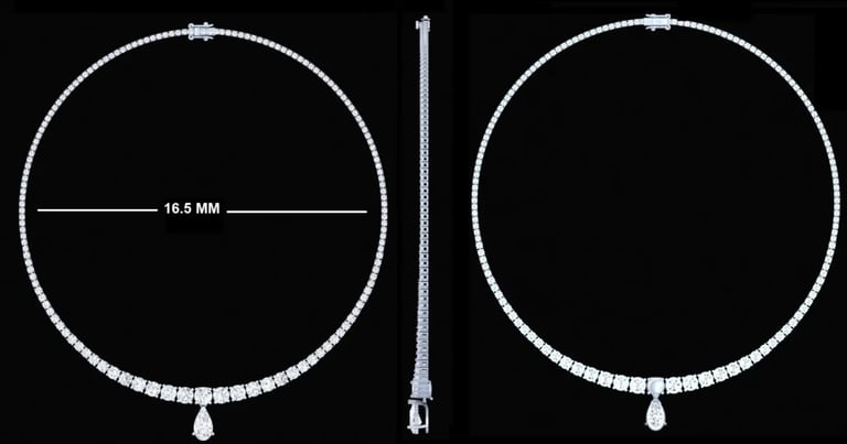 Layal diamond tennis necklace in 14K white gold, 16.5 inches long, shown from front and side angles on a black background