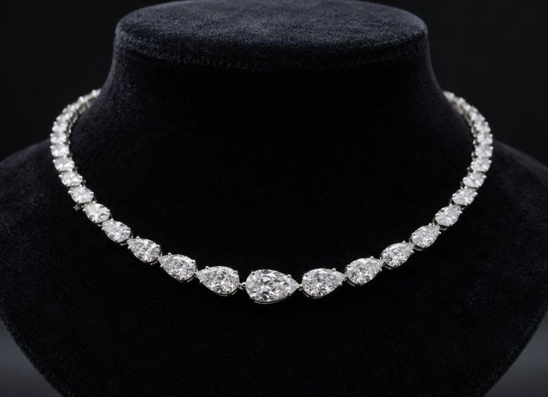 Elegant diamond tennis necklace with oval and round-cut stones displayed on black velvet bust form