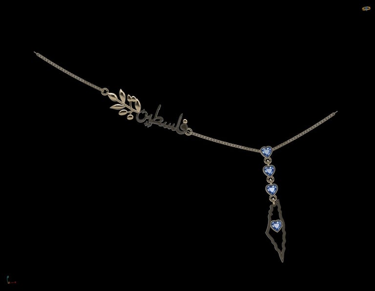 Silver necklace with ornamental leaf charm and blue crystal pendant on black background