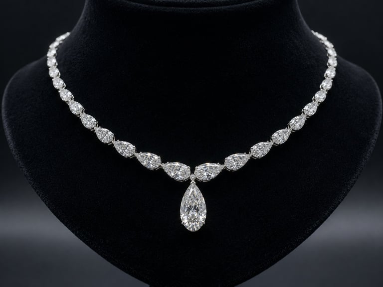 Elegant diamond necklace with teardrop pendant displayed on black mannequin bust