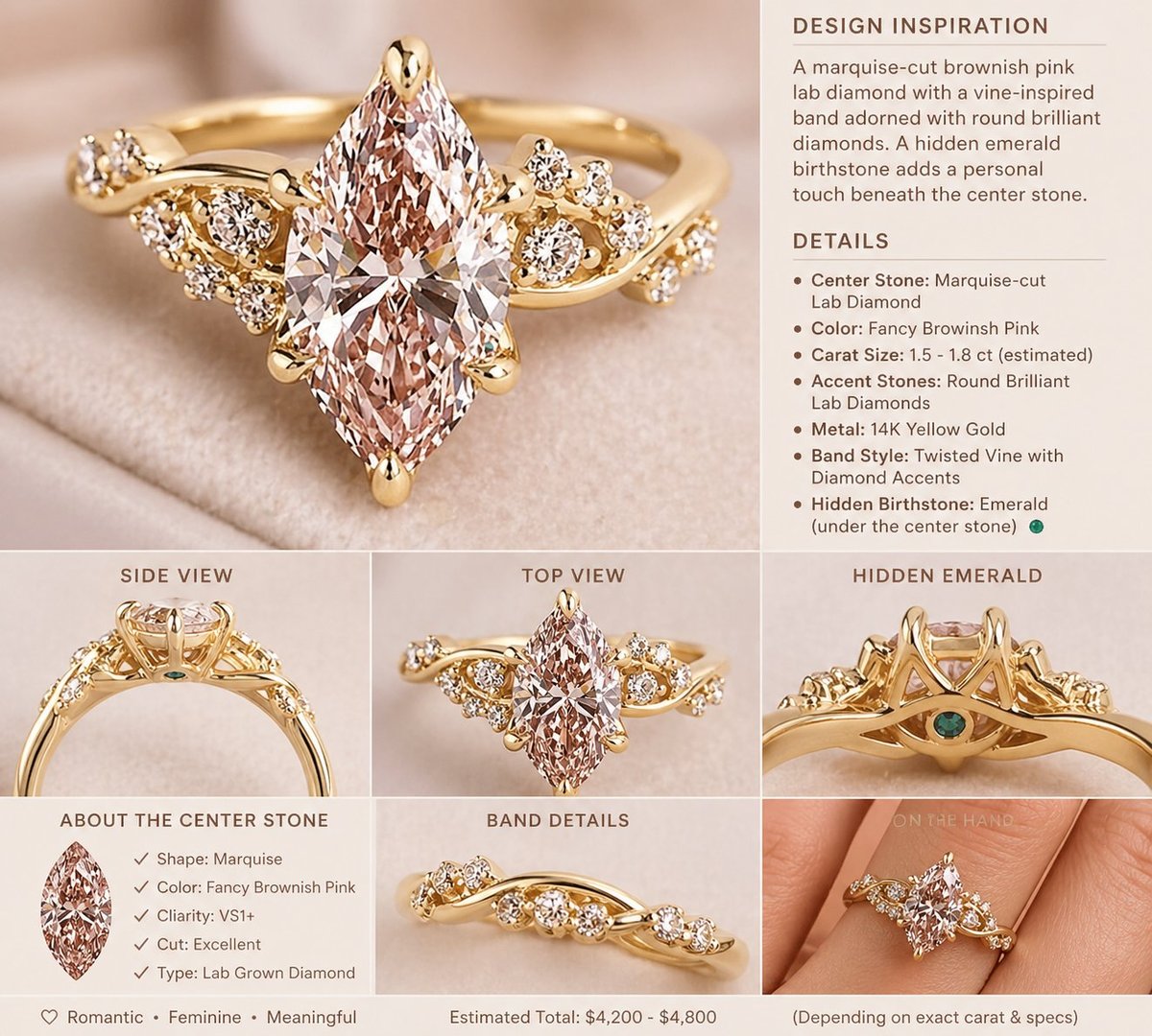 Luxury engagement ring with marquise-cut fancy brownish pink diamond center stone and white diamond accents in 18k yellow gold, shown from multiple angles with design details and specifications
