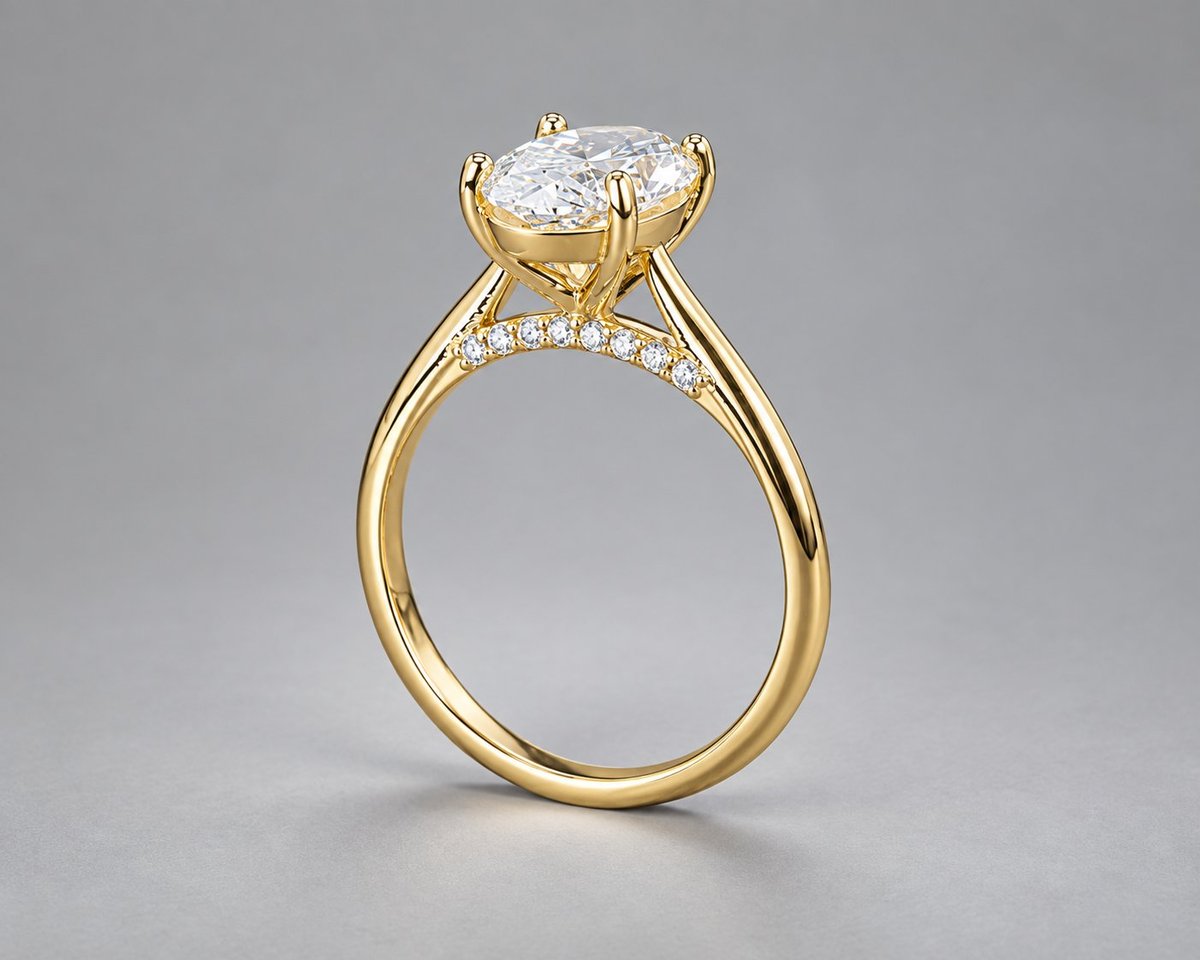 Gold engagement ring with large oval diamond solitaire and diamond band on gray background