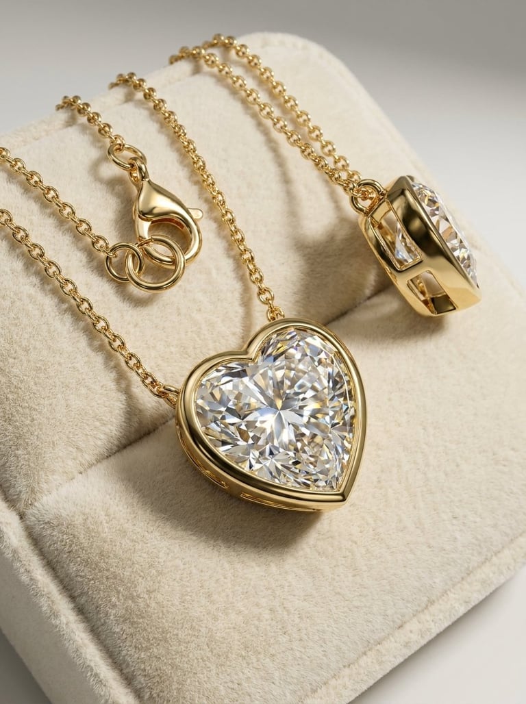 Three gold pendant necklaces displayed on a white stone, featuring a heart-shaped diamond, a twisted gold design, and a rectangular diamond pendant
