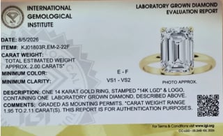 IGI laboratory grown diamond evaluation report showing 14K gold ring with emerald cut diamond, dated 8/5/2026