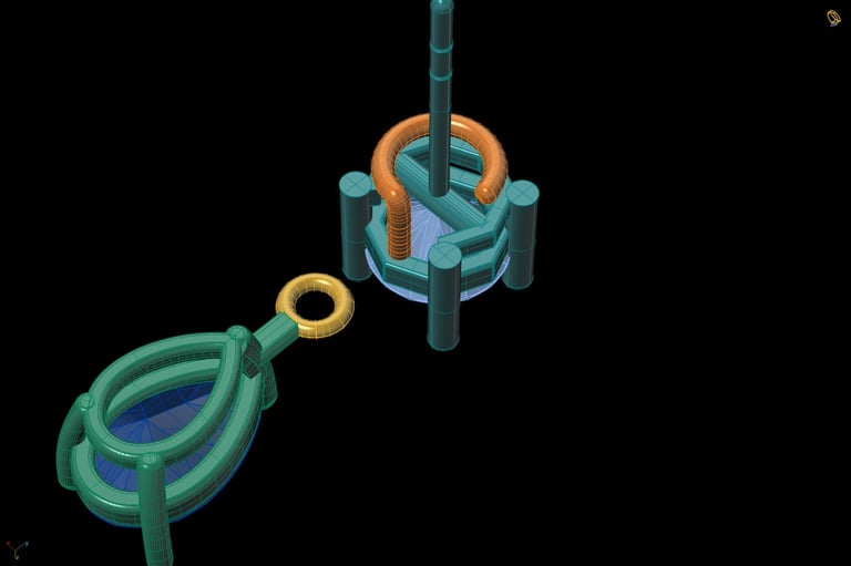 3D rendering of a molecular or knot structure with blue and orange cylindrical components connected by turquoise rods