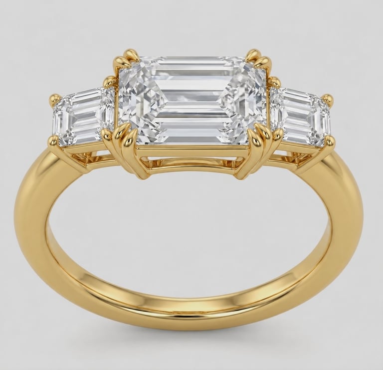 14K yellow gold three stone ring with a 1.05 CT emerald cut diamond center and 0.22 CT baguette side diamonds