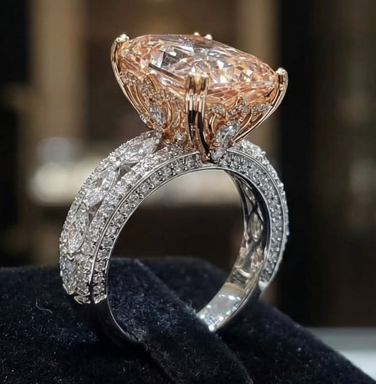 Luxury engagement ring with a large morganite or peach-colored diamond in a platinum band encrusted with smaller diamonds