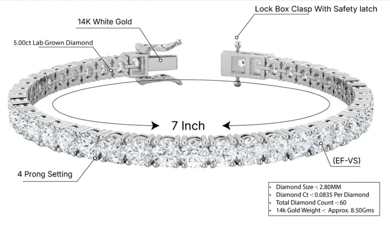14K white gold diamond tennis bracelet with 5.00ct lab grown diamonds, 7 inch length, lock box clasp and 4 prong setting.