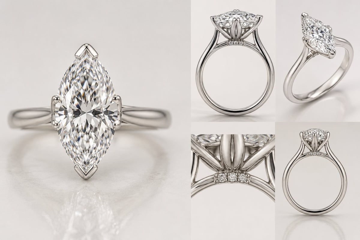 Engagement ring catalog showing multiple views of a solitaire marquise diamond ring with platinum band from different angles