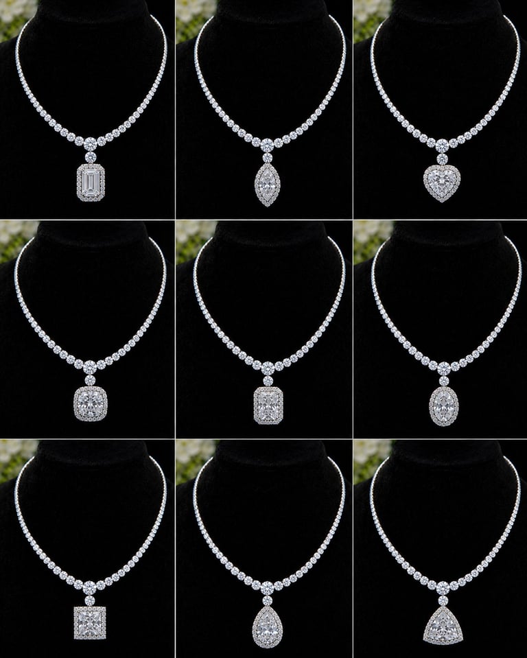 Collection of nine diamond necklaces displayed on black busts, each featuring a diamond tennis chain with different diamond pendant shapes including rectangular, oval, and heart-shaped designs