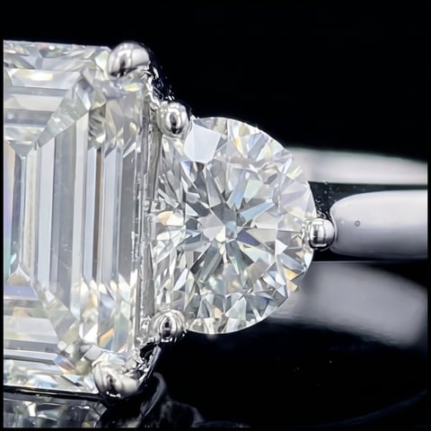 Luxury engagement ring with large emerald-cut diamond and round diamond side stones
