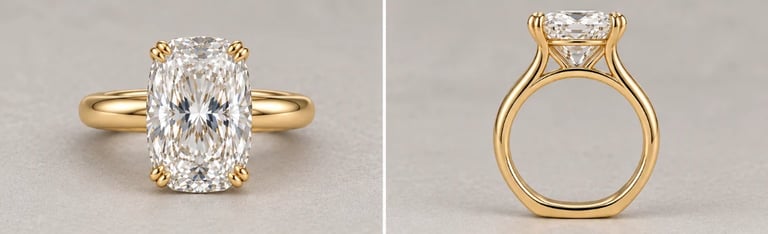 Gold engagement ring with cushion-cut diamond shown from front and back views