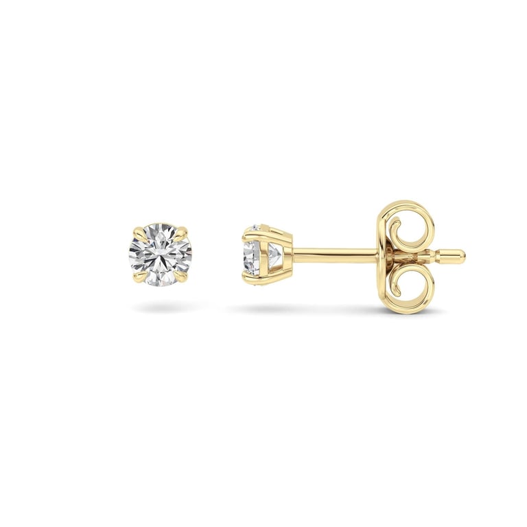 Pair of 14K gold round lab-grown diamond stud earrings by Raywan Jewelers