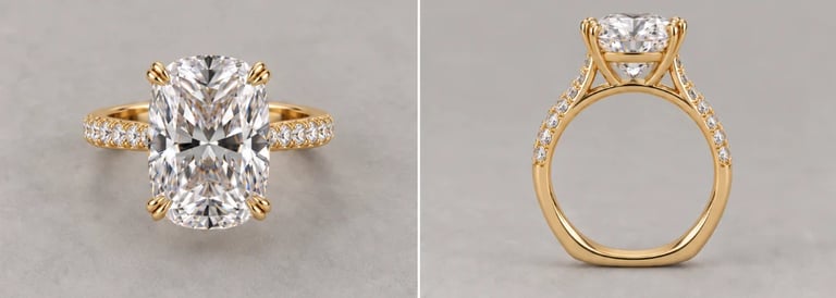 Gold engagement ring with cushion-cut diamond shown from front and back views