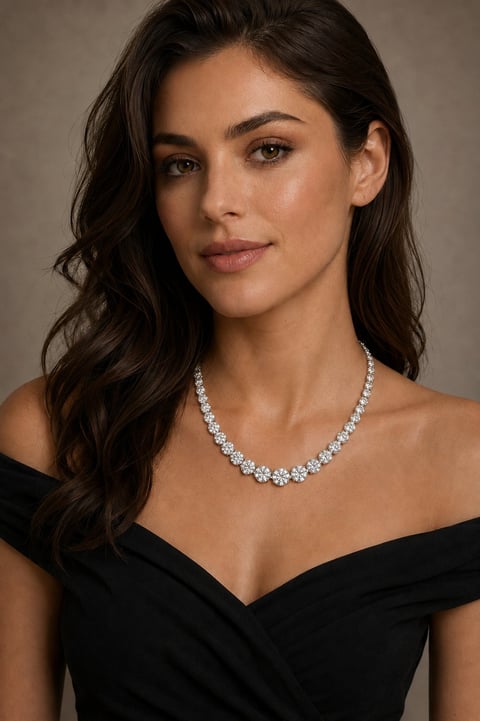 Woman with long dark wavy hair wearing a black off-shoulder dress and diamond necklace against a neutral background