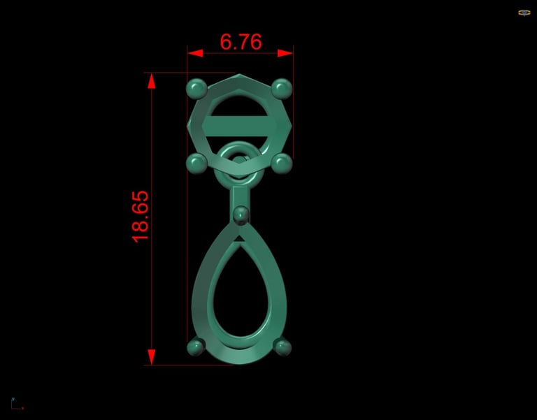 Technical drawing of a green metal decorative pendant with circular top and teardrop-shaped bottom, displaying dimensions of 6.76 width and 18.65 height