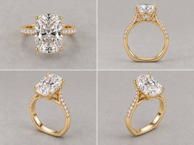 Four views of a gold engagement ring with a large oval diamond stone and diamond-studded band, shown from front, back, and side angles.