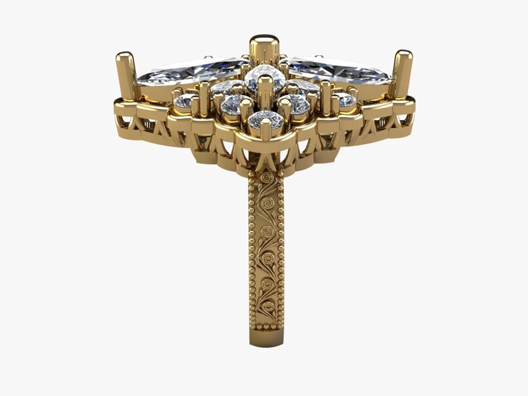 Gold ring with intricate carved band and multiple diamond settings displayed on a decorative stand