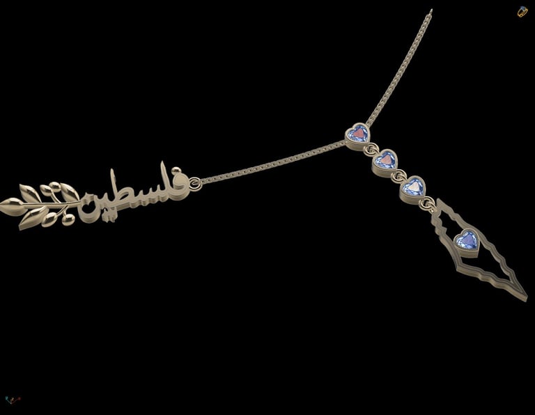 Ornate metal pendant necklace with blue gemstones and leaf-shaped charms on delicate chain