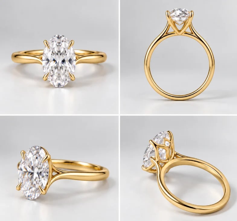 Four views of a gold engagement ring with an oval-cut diamond solitaire shown from front, back, and side angles