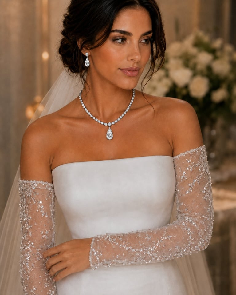 Bride in white off-shoulder wedding gown with beaded sleeves, diamond necklace, and veil against elegant floral backdrop