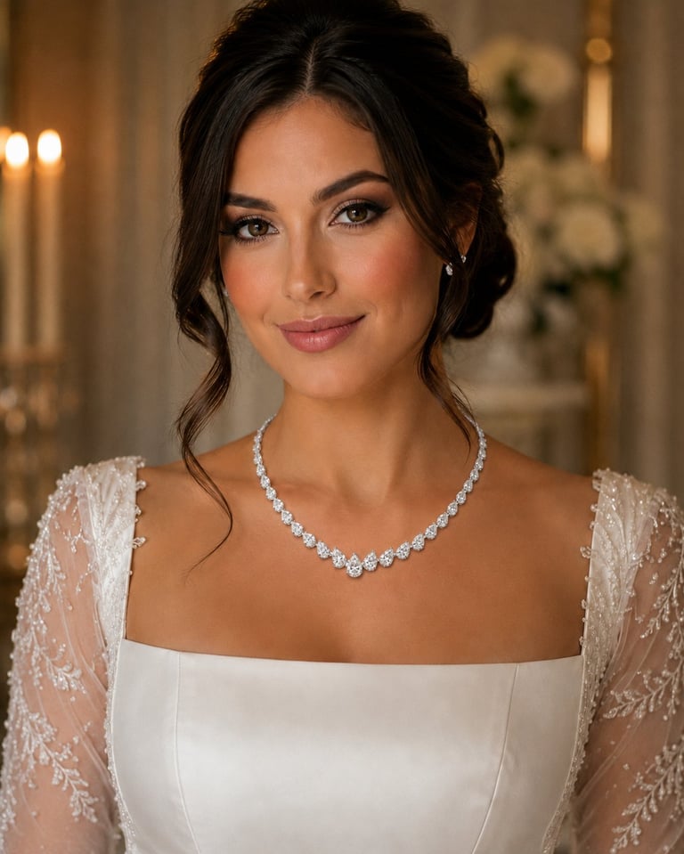 Woman in elegant white wedding dress with lace sleeves and diamond necklace in formal setting